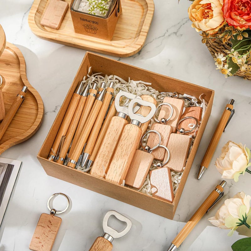 SiliFine 60 Pcs Laser Blanks Product Laser Engraving Material Kit Including DIY Wooden Blank Bottle Opener, Wooden Keychain, and Bamboo Pen for Kitchen Wedding Party Bar Home Craft - Image 3