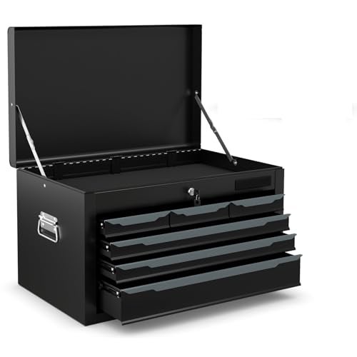 Goplus Tool Box, 24” 6-Drawers Steel Tool Chest w/Top Tool Tray,Automatic Lock, Protective Liners, Handle, Smooth Ball Bearing Sides, Portable Tool Storage Organizer, Toolbox for Garage Workshop - Image 1