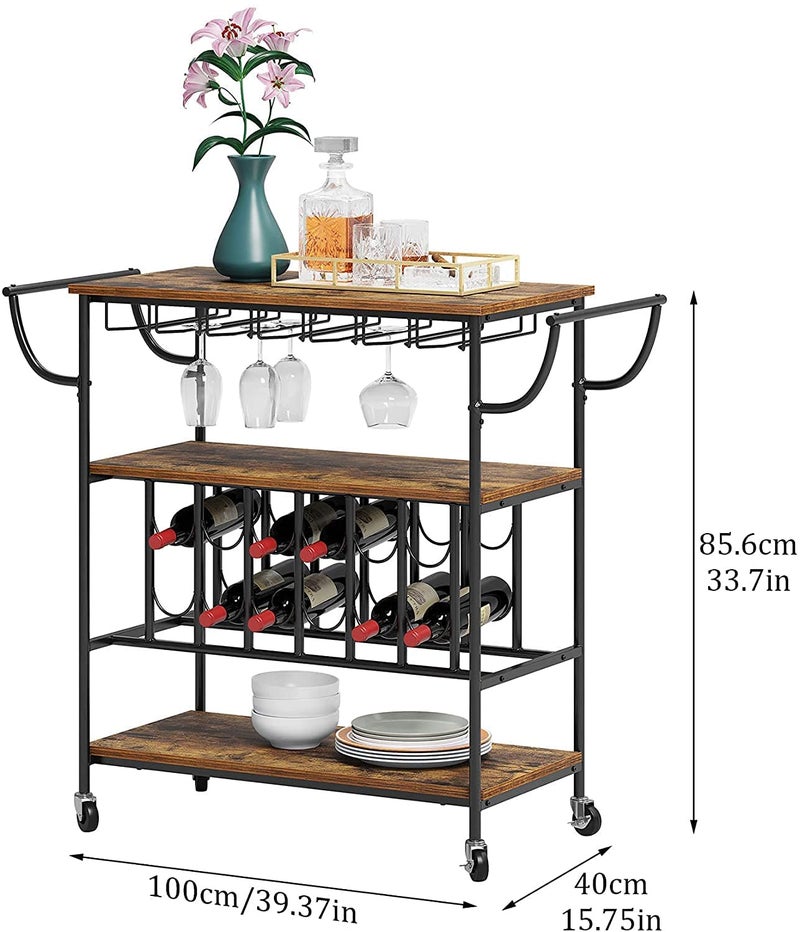 INDIAN DECOR INDIAN DECOR XL6200 Bar Cart Metal Wine Bottle Rack Mobile Serving Cart with Wheels 3 Tier Kichen Storage Rolling Cart Fits up for Every Wine Bottle of 115 x 275 x 124 H Rustic Brown - Image 4