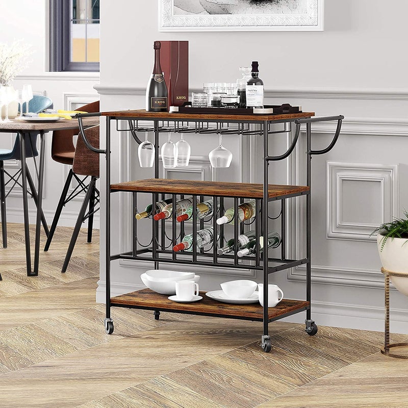 INDIAN DECOR INDIAN DECOR XL6200 Bar Cart Metal Wine Bottle Rack Mobile Serving Cart with Wheels 3 Tier Kichen Storage Rolling Cart Fits up for Every Wine Bottle of 115 x 275 x 124 H Rustic Brown - Image 2