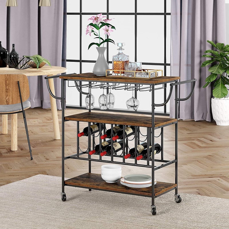 INDIAN DECOR INDIAN DECOR XL6200 Bar Cart Metal Wine Bottle Rack Mobile Serving Cart with Wheels 3 Tier Kichen Storage Rolling Cart Fits up for Every Wine Bottle of 115 x 275 x 124 H Rustic Brown - Image 5