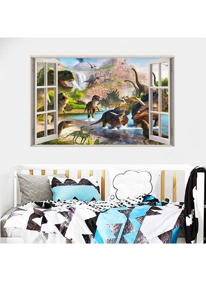 YOWOCAL 3D Watercolour Dinosaur World Fake Windows Wall Sticker,Peel and Stick Removable Decals for Kids Nursery Bedroom Playroom Living Room Decoration（27.55"x17.32"） - Image 5