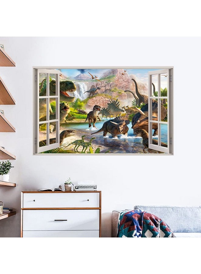 YOWOCAL 3D Watercolour Dinosaur World Fake Windows Wall Sticker,Peel and Stick Removable Decals for Kids Nursery Bedroom Playroom Living Room Decoration（27.55"x17.32"） - Image 4