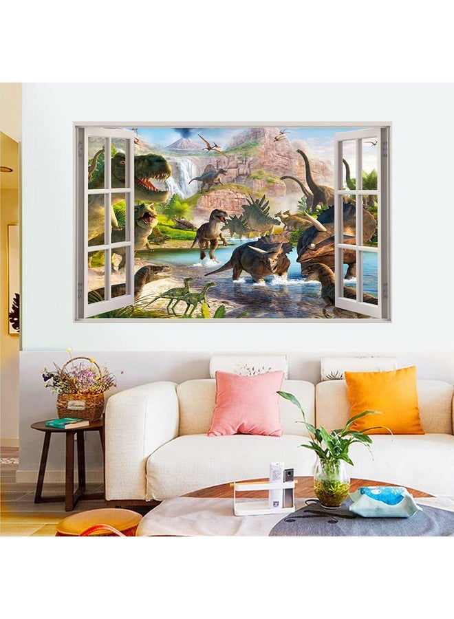 YOWOCAL 3D Watercolour Dinosaur World Fake Windows Wall Sticker,Peel and Stick Removable Decals for Kids Nursery Bedroom Playroom Living Room Decoration（27.55"x17.32"） - Image 2