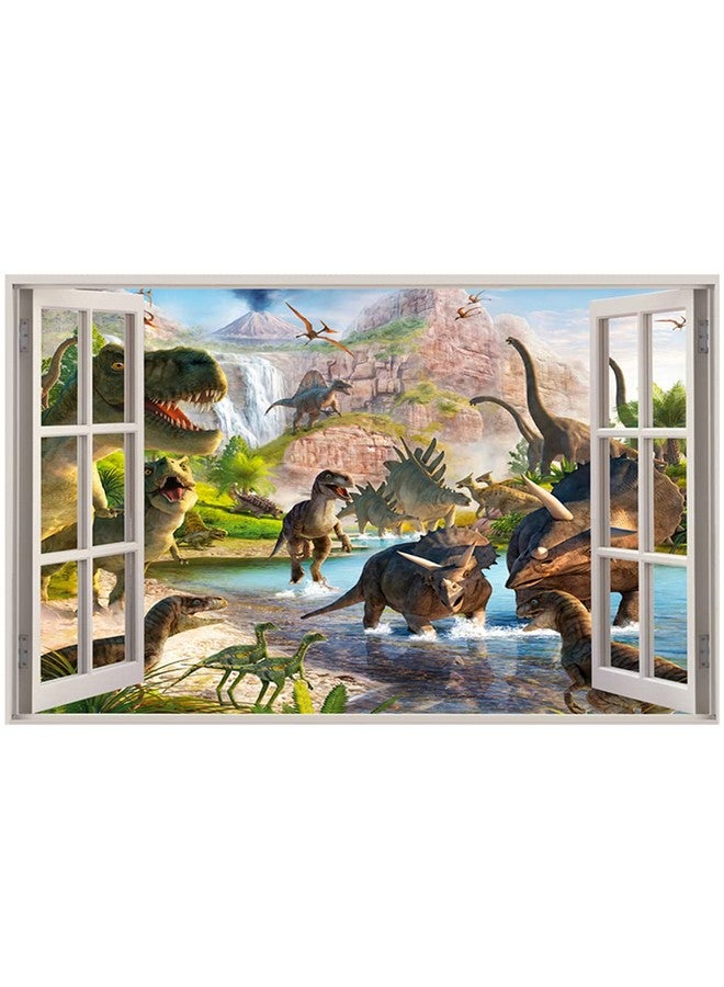 YOWOCAL 3D Watercolour Dinosaur World Fake Windows Wall Sticker,Peel and Stick Removable Decals for Kids Nursery Bedroom Playroom Living Room Decoration（27.55"x17.32"） - Image 1