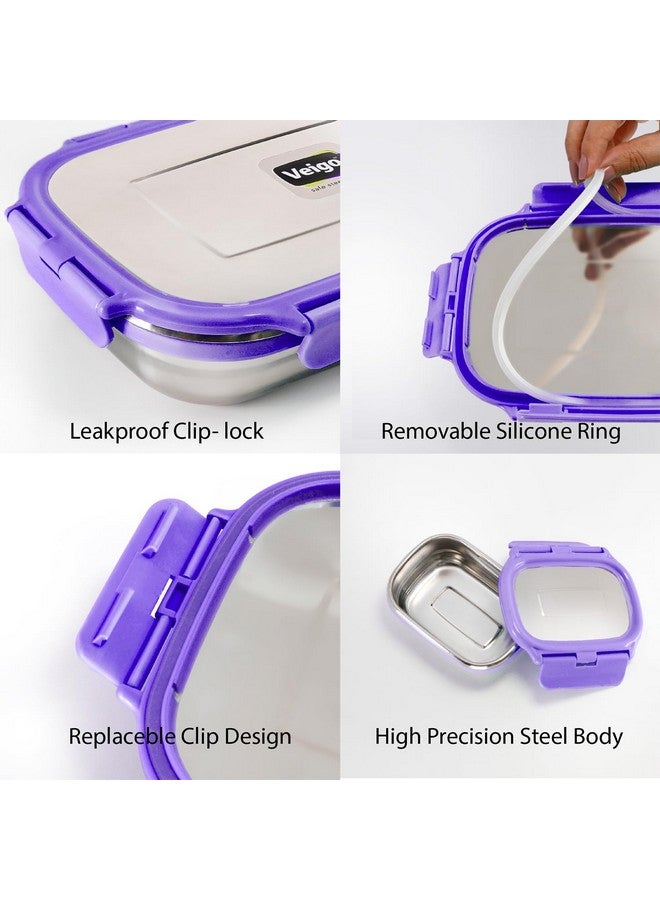 Veigo Steel Lunch Boxes for Office Men, Tiffin Box for Office Men, Lunch Box for Kids, Jumbo 950 ml, 180 ml Veg Box | Detachable Clips | Leakproof & Airtight | Durable Stainless Steel Lid | Violet - Image 4