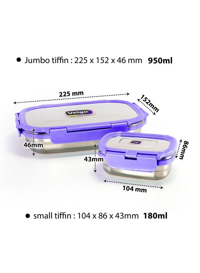 Veigo Steel Lunch Boxes for Office Men, Tiffin Box for Office Men, Lunch Box for Kids, Jumbo 950 ml, 180 ml Veg Box | Detachable Clips | Leakproof & Airtight | Durable Stainless Steel Lid | Violet - Image 2