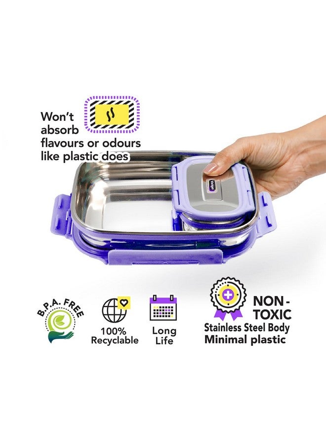 Veigo Steel Lunch Boxes for Office Men, Tiffin Box for Office Men, Lunch Box for Kids, Jumbo 950 ml, 180 ml Veg Box | Detachable Clips | Leakproof & Airtight | Durable Stainless Steel Lid | Violet - Image 3