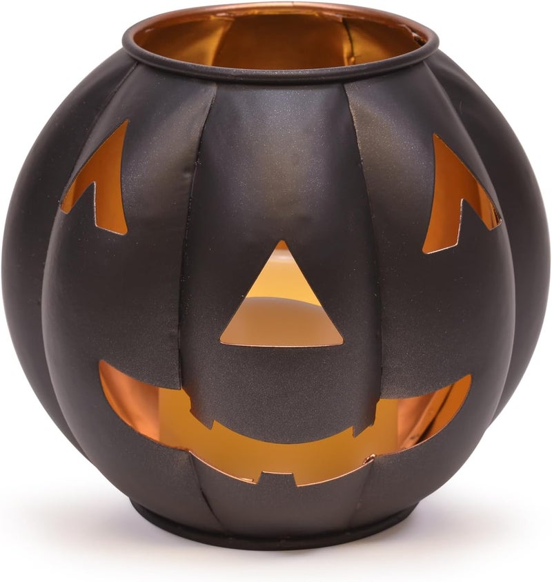 Mark Feldstein & Associates Priority based order prep Metal Jack O' Lantern Pumpkin Flamless LED Candle Lantern, 5 Inch, Black with Gold Interior Climate adapted delivery plan - Image 1