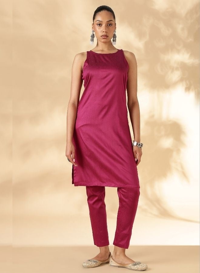 Abhishti Pink Solid In cut kurta with Narrow Straight Pants - Image 1