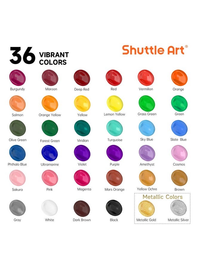 Shuttle Art Acrylic Paint Set 36 Colors Acrylic Paint With Brushes & Palette 2Oz Bottles Rich Pigments Nontoxic Paint For Artists Kids & Adults Art Supplies For Canvas Rock Ceramic Wood Painting - Image 3