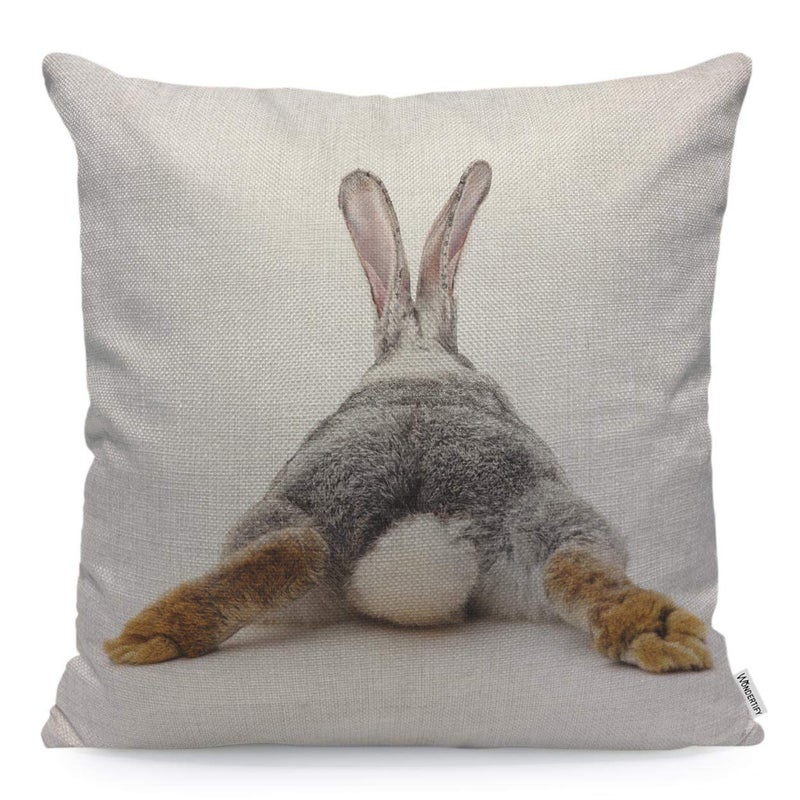 WONDERTIFY Throw Pillow Case Cover Grey Rabbit Isolated on A White Background Bunny Tail Back  Soft Linen Pillow Case for Decorative BedroomLivingroomSofaFarm House  Cushion Covers 18x18 Inch