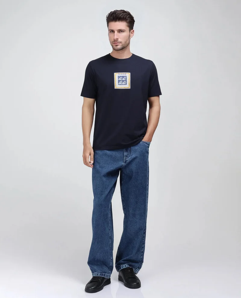 Rare Rabbit Rare Rabbit Men Rek Navy Cotton Lycra Fabric Short Sleeve Regular Fit Graphic Print T-Shirt