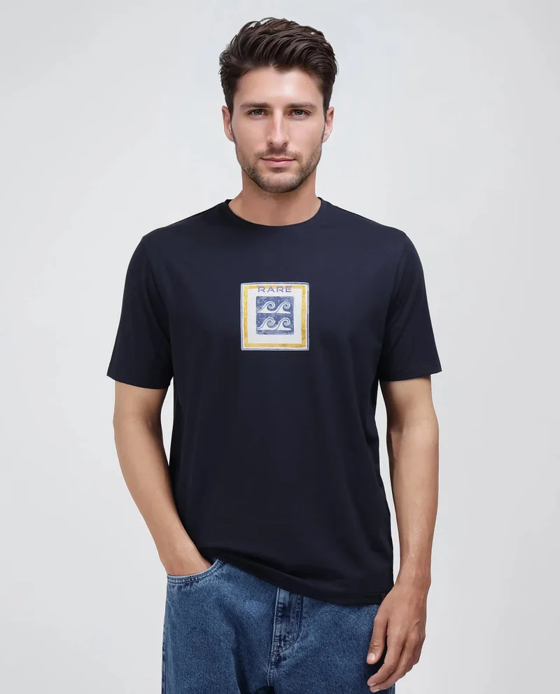 Rare Rabbit Rare Rabbit Men Rek Navy Cotton Lycra Fabric Short Sleeve Regular Fit Graphic Print T-Shirt