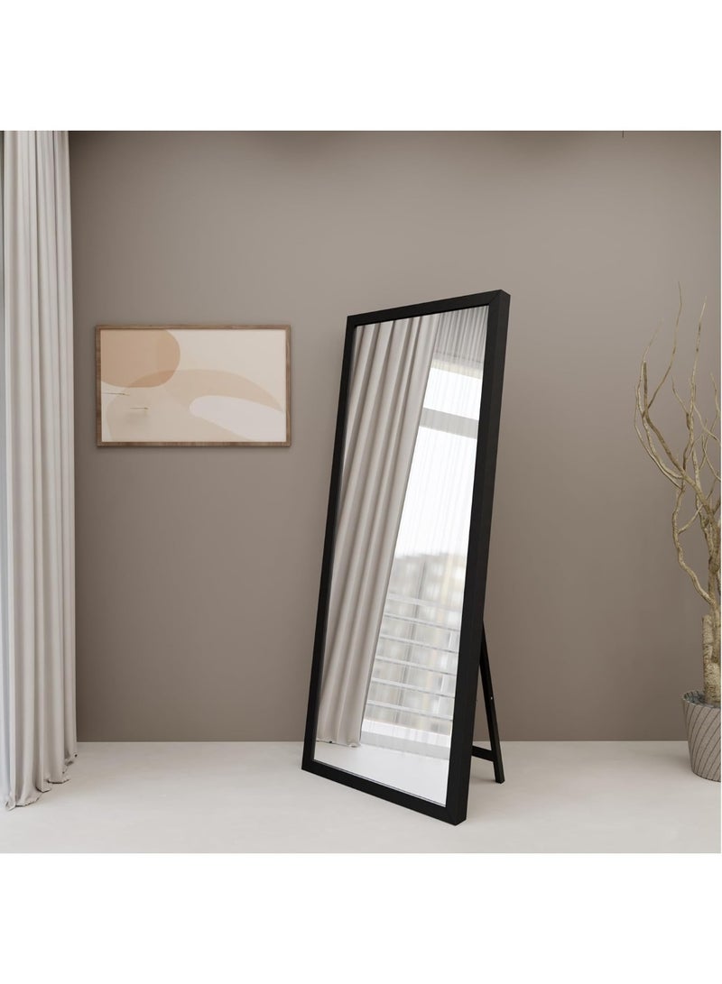 **مرآة كاملة الطول 143×43 سم – مرآة أرضية كبيرة باللون الأسود، مرآة تجميل يمكن وضعها واقفة أو تعليقها على الحائط، مرآة غرفة نوم مائلة لعرض كامل للجسم والمكياج** - Image 1