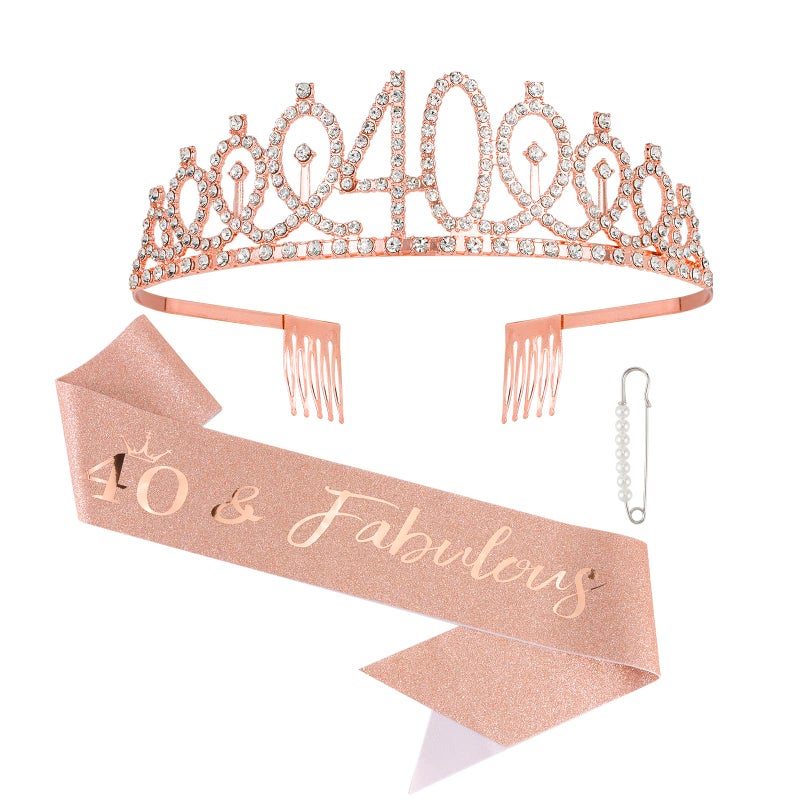 Semato 40th Birthday Decorations for Women: Rose Gold Tiara & Sash - Happy 40th Birthday Gifts Women - Image 1