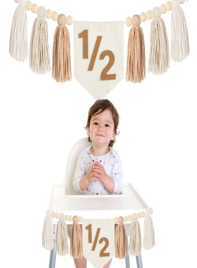Dokuna 1/2 Birthday Decorations - Boho High Chair Banner, Half Birthday Decorations, Tassel Wood Bead Highchair Garland (Brown) - Image 1