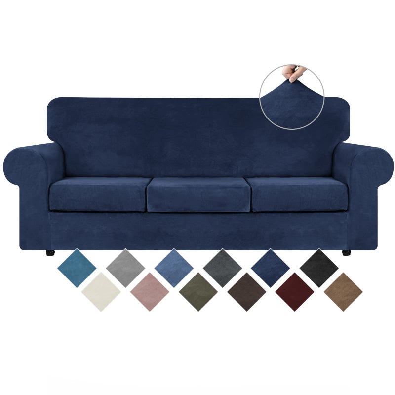 WEERRW 4 Pieces Velvet High Stretch Couch Covers for 3 Cushion Couch Sofa Slipcovers, Washable Furniture Protector with Non Slip Elastic Bottom, Feature Soft and Thick Plush Fabric, Navy Blue, Large - Image 1