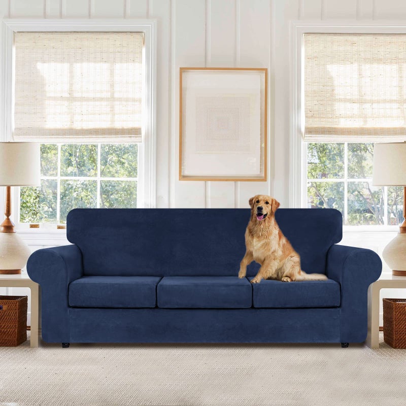 WEERRW 4 Pieces Velvet High Stretch Couch Covers for 3 Cushion Couch Sofa Slipcovers, Washable Furniture Protector with Non Slip Elastic Bottom, Feature Soft and Thick Plush Fabric, Navy Blue, Large - Image 2