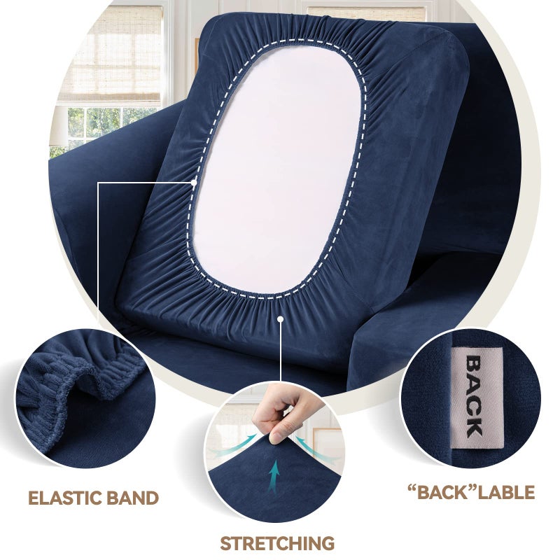 WEERRW 4 Pieces Velvet High Stretch Couch Covers for 3 Cushion Couch Sofa Slipcovers, Washable Furniture Protector with Non Slip Elastic Bottom, Feature Soft and Thick Plush Fabric, Navy Blue, Large - Image 3