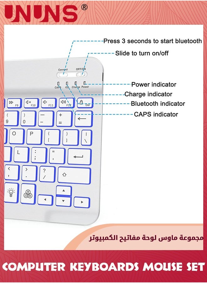 UNUNS - Bluetooth Keyboard and Mouse Combo,Wireless Rechargeable Keyboard And Mouse,7-Color Backlit,Portable 10 Inch Bluetooth Keyboard For iPad,iPad Pro/ Air/ Mini,iPhone,Android,Windows,White - Image 1