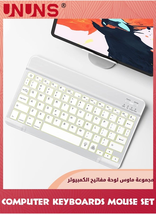 UNUNS - Bluetooth Keyboard and Mouse Combo,Wireless Rechargeable Keyboard And Mouse,7-Color Backlit,Portable 10 Inch Bluetooth Keyboard For iPad,iPad Pro/ Air/ Mini,iPhone,Android,Windows,White - Image 1