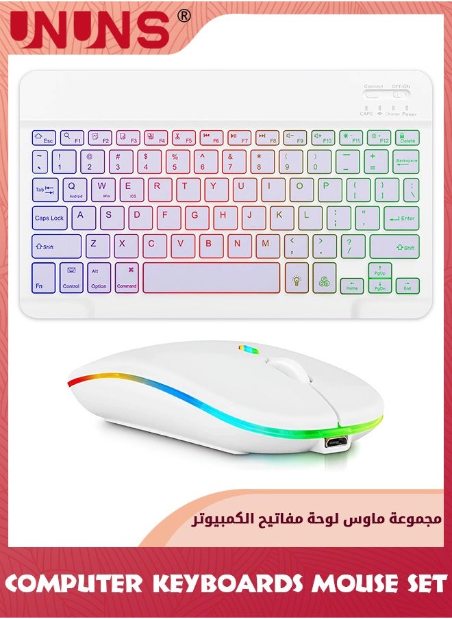 UNUNS - Bluetooth Keyboard and Mouse Combo,Wireless Rechargeable Keyboard And Mouse,7-Color Backlit,Portable 10 Inch Bluetooth Keyboard For iPad,iPad Pro/ Air/ Mini,iPhone,Android,Windows,White - Image 1
