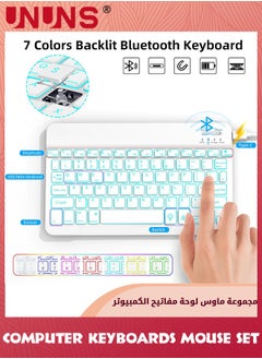 UNUNS Bluetooth Keyboard and Mouse Combo,Wireless Rechargeable Keyboard And Mouse,7-Color Backlit,Portable 10 Inch Bluetooth Keyboard For iPad,iPad Pro/ Air/ Mini,iPhone,Android,Windows,White  - Image 2