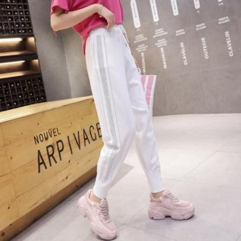 2022 Autumn and Winter New Heavy Industry Rhinting Casual Pants High Waist Slimming Leg Harlan Wei Pants Slim Fit white regular 