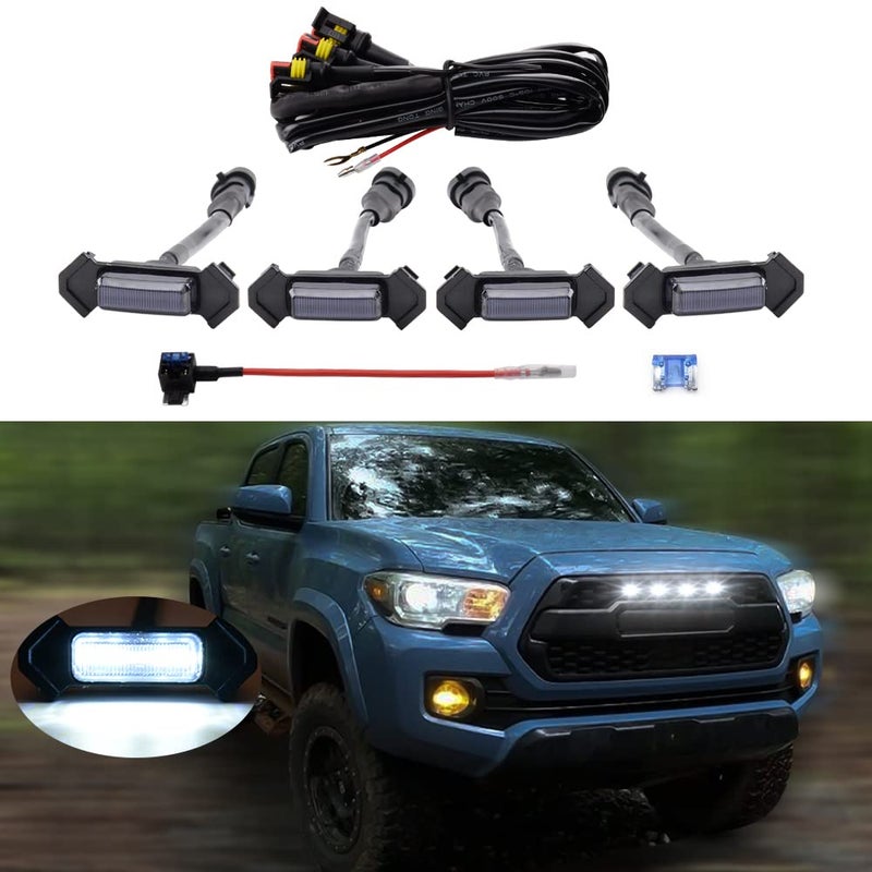 MEALAM White LED Lights 4PCS Front Grille Raptor Lamps Car Accessories with Harness and Fuse Compatible with 2016 2017 2018 2019 Toyotaa Tacoma TRD Pro
