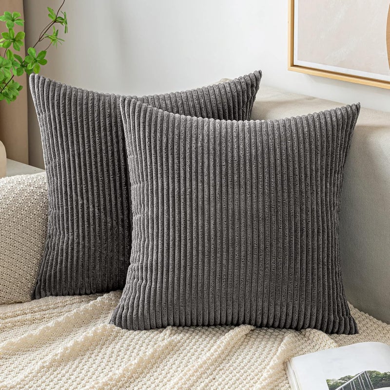 EMEMA Cushion Cover 40 x 40 cm for Sofa Super Soft Corduroy Pillow Case Striped Corduroy Cushion Modern Decoration for Sofa Chair Bed Living Room Bedroom 2 Pieces Grey - Image 1