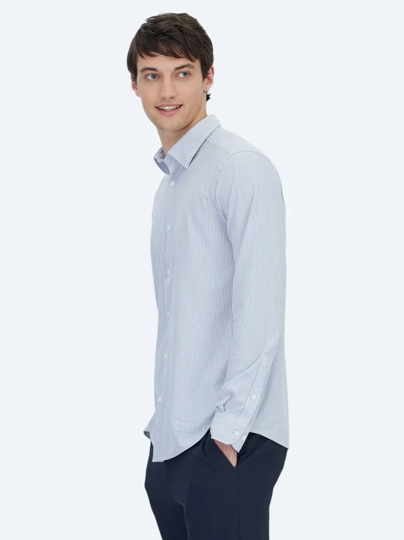 Kip Blue Striped Regular Fit Long Knitting Casual Cotton Blended Shirt