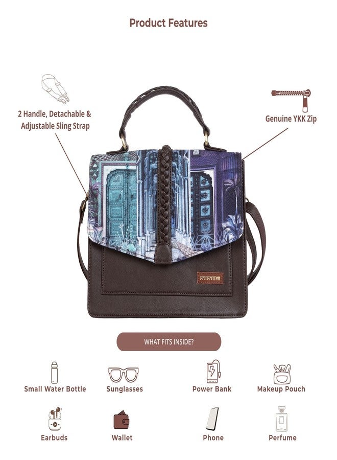Fatfatiya Royal Heritage Satchel Bag for Women, Architectural Print Vegan Leather Structured Handbag with Sling Strap - Image 5