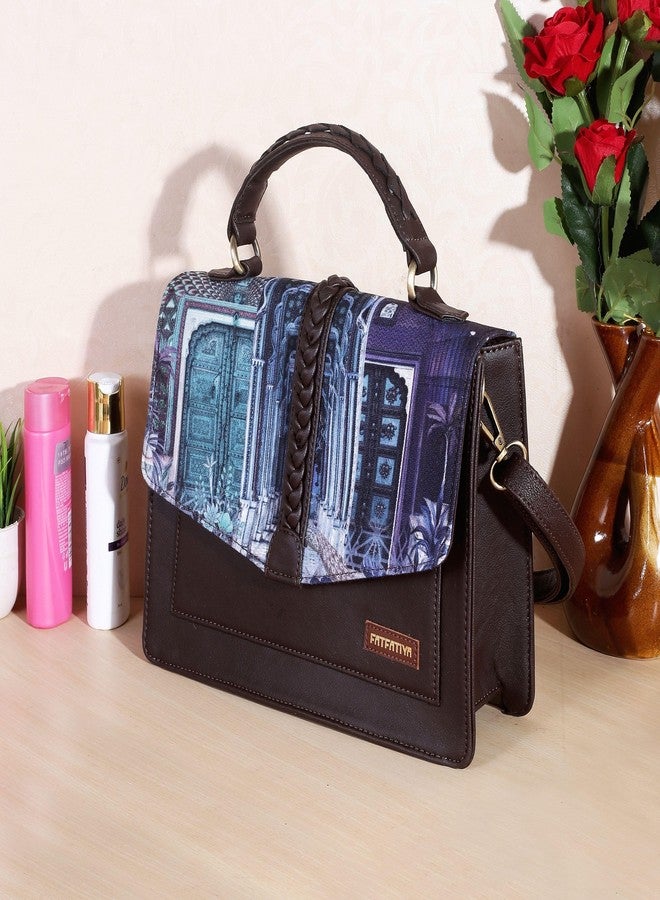 Fatfatiya Royal Heritage Satchel Bag for Women, Architectural Print Vegan Leather Structured Handbag with Sling Strap - Image 3
