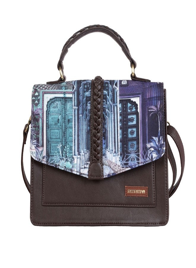 Fatfatiya Royal Heritage Satchel Bag for Women, Architectural Print Vegan Leather Structured Handbag with Sling Strap - Image 1