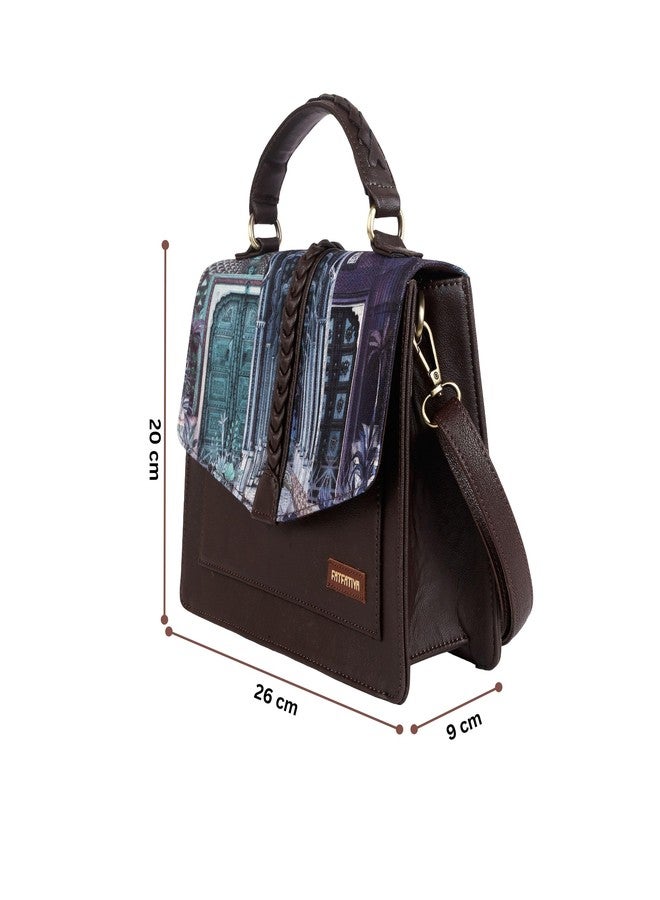 Fatfatiya Royal Heritage Satchel Bag for Women, Architectural Print Vegan Leather Structured Handbag with Sling Strap - Image 4