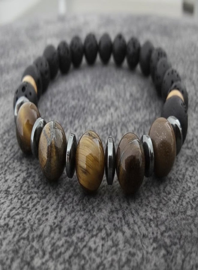 JULLYSS CRAFT Black Lava Stone and Tiger Eye Beaded Bracelet with Hematite Spacers, Natural Stone Jewelry - Image 2