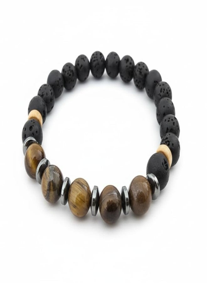 JULLYSS CRAFT Black Lava Stone and Tiger Eye Beaded Bracelet with Hematite Spacers, Natural Stone Jewelry - Image 1