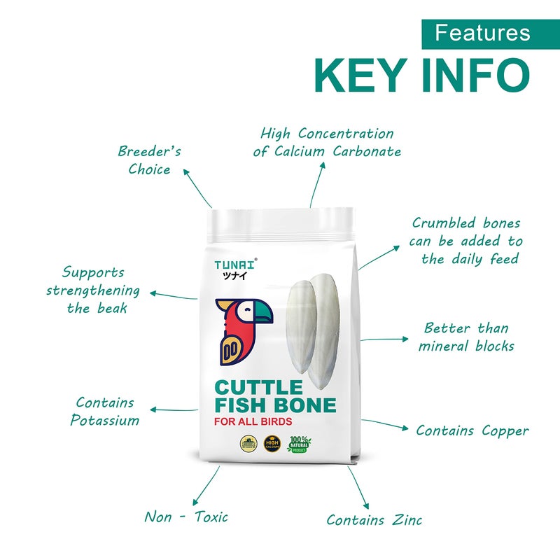 TUNAI عظام سمك الحبار توناي | 250 جرام | للببغاوات، طيور الحب، الكونور، المكاو معزز طبيعي للكالسيوم لجميع الطيور المحبوسة - Image 3
