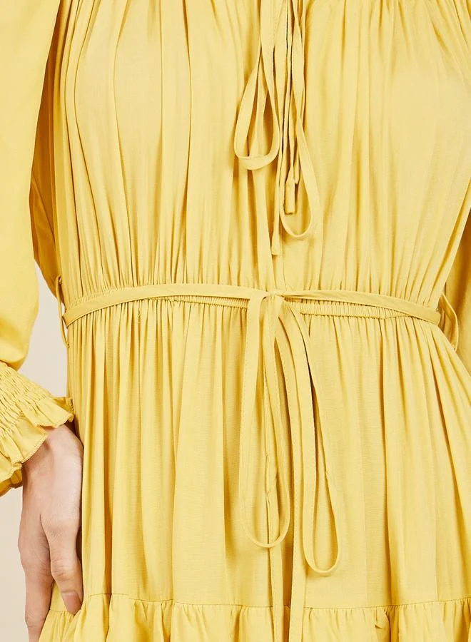 Styli Gathered Detail Tie Up Neck Tiered Maxi Dress