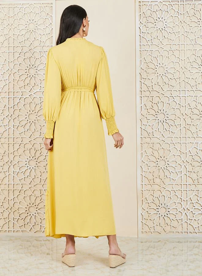 Styli Gathered Detail Tie Up Neck Tiered Maxi Dress