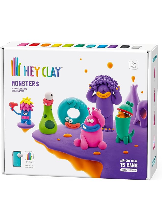 هاي كلاي مجموعة الوحوش الملونة للأطفال، مجموعة الطين الجاف بالهواء، 15 علبة وأدوات النحت مع تطبيق تعليمات تفاعلية ممتعة، متعددة الألوان - Image 1