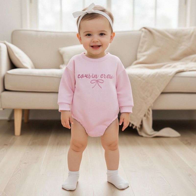 GOOCHEER Cousin Crew Matching Outfit Kids Newborn Baby Girl Bubble Romper Long Sleeve Toddler Girl Sweatshirt Clothes Fall (Pink Romper, 3-6 Months) - Image 2