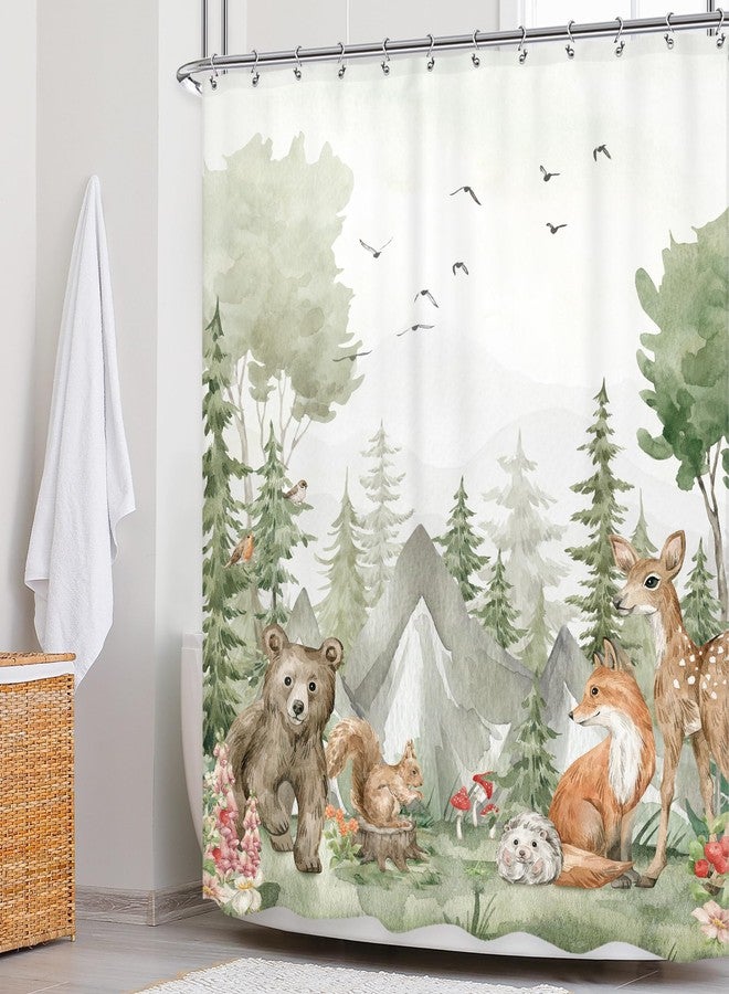 Newsely Rustic Nursery Woodland Animals Shower Curtain for Kids 60Wx72H Inch Cute Wildlife Country Safari Bear Deer Plant Bathroom Set for Children Waterproof Bath Decoration Accessories Home Decor - Image 2