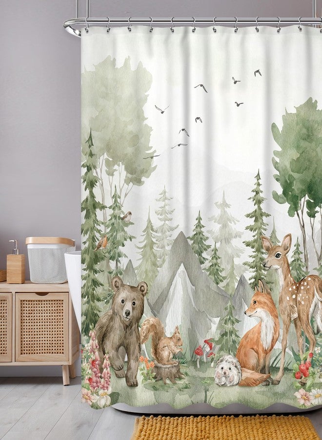 Newsely Rustic Nursery Woodland Animals Shower Curtain for Kids 60Wx72H Inch Cute Wildlife Country Safari Bear Deer Plant Bathroom Set for Children Waterproof Bath Decoration Accessories Home Decor - Image 1