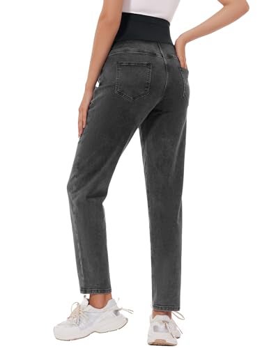 POSHGLAM Women's Maternity Jeans Over Belly Comfy Stretch 28'' Boyfriend Jeans Loose Pregnancy Pants(Washed Black, Large) - Image 5