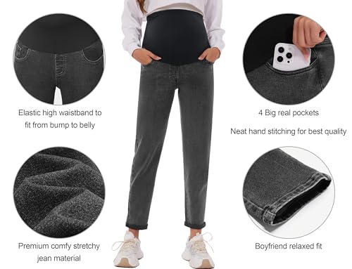 POSHGLAM Women's Maternity Jeans Over Belly Comfy Stretch 28'' Boyfriend Jeans Loose Pregnancy Pants(Washed Black, Large) - Image 2