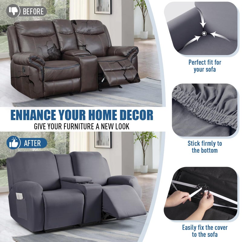 TAOCOCO Reclining Loveseat with Middle Console Slipcover, 4 Piece Polyester Fabric Stretch Loveseat Reclining Sofa Covers (Light Gray, 2 Seat Recliner Cover with Console) - Image 5