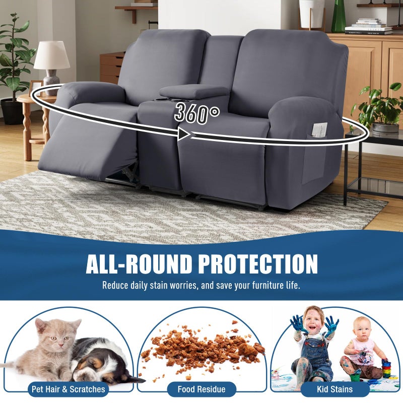 TAOCOCO Reclining Loveseat with Middle Console Slipcover, 4 Piece Polyester Fabric Stretch Loveseat Reclining Sofa Covers (Light Gray, 2 Seat Recliner Cover with Console) - Image 4