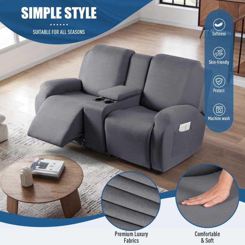 TAOCOCO Reclining Loveseat with Middle Console Slipcover, 4 Piece Polyester Fabric Stretch Loveseat Reclining Sofa Covers (Light Gray, 2 Seat Recliner Cover with Console) - Image 2